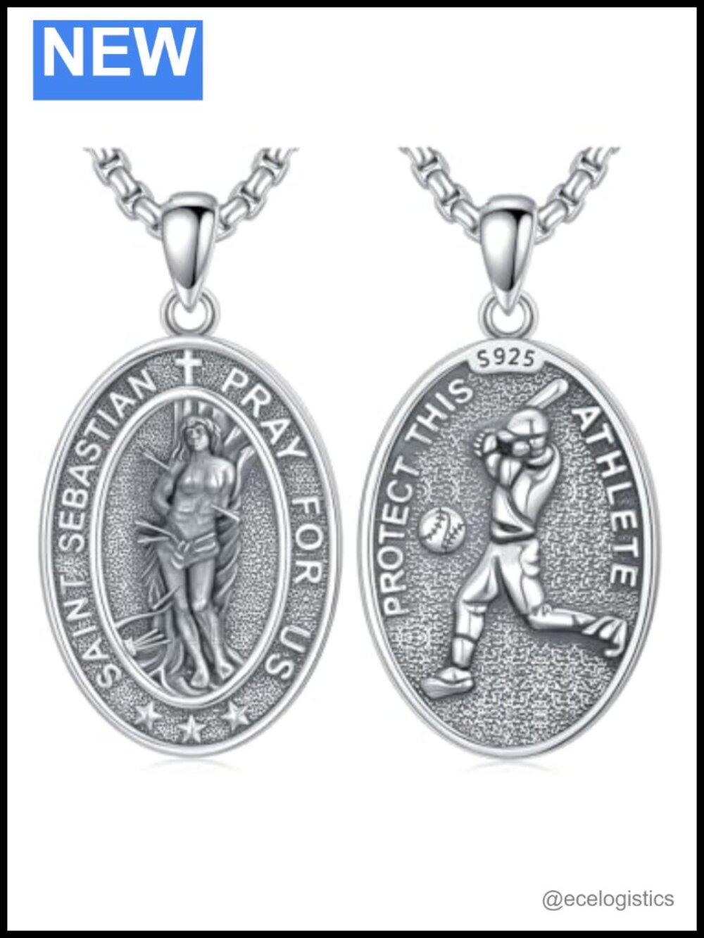 925 Sterling Silver St Sebastian Medal Pendant Necklace 22in Chain Religious